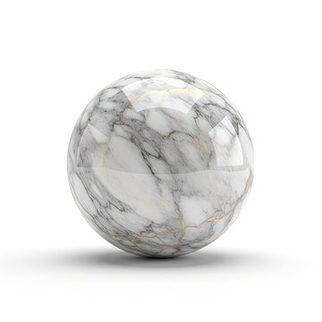 White Marble Sphere with Gray Veins on White Background.