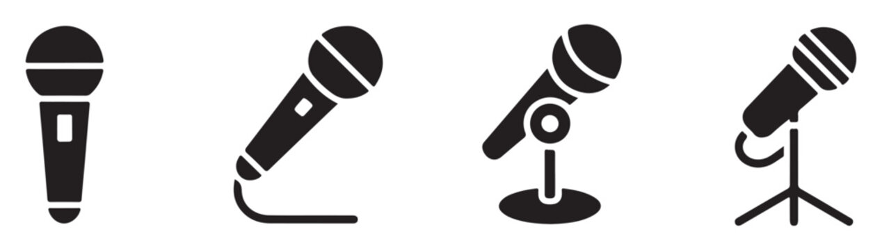 Dynamic handheld microphone collection with stage stands and cable icons for live performance and concert events.