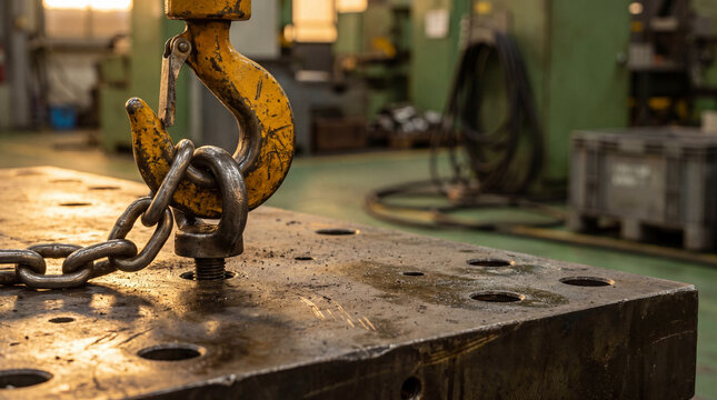 Yellow crane hook with metal chain resting on a heavy steel block inside a gritty industrial workshop