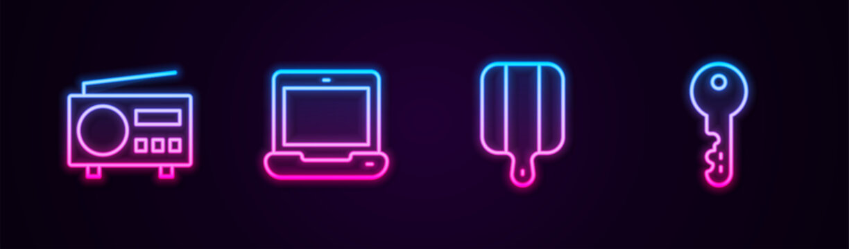 Set line Radio, Laptop, Cutting board and House key. Glowing neon icon. Vector