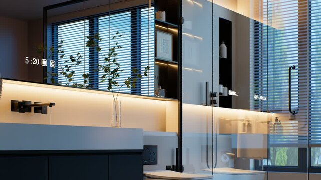 Sleek modern bathroom featuring a 3D render with ambient lighting, glass shower, and minimalist fixtures. High-quality 4k animation showcasing elegant design.