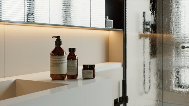 High-quality 4k 3d render of a modern bathroom featuring amber cosmetic bottles on a sleek white countertop with ambient lighting and glass shower.