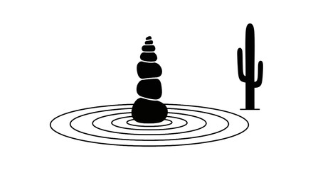 Balanced zen stone stack stands amidst ripples and a cactus © rudi