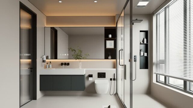 Sleek minimalist bathroom design 3D render featuring floating fixtures, glass shower, and large window with blinds in 4k animation perfect for modern interiors.