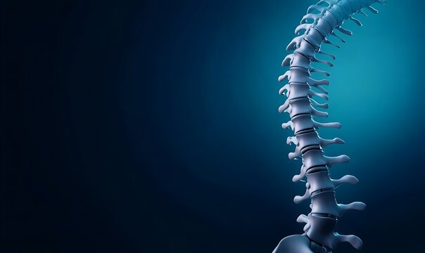 Human spine skeletal anatomy close up with detailed vertebrae and bones on dark background.