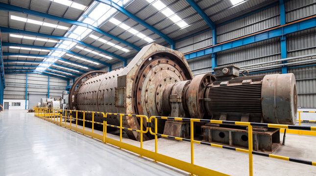 Large ball mill connected to an electric motor inside a spacious mining and mineral processing plant