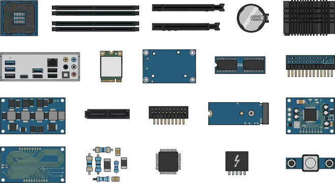 Computer Hardware and Electronic Components Collection with Motherboard Parts Circuit Boards and Technology Illustrations