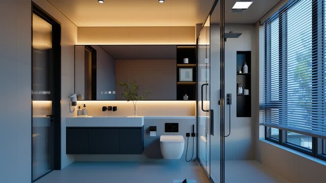 Elegant modern minimalist bathroom featuring sleek fixtures, glass shower, large mirror, and window blinds. High-quality 4k 3d render and aniamtion visualization.