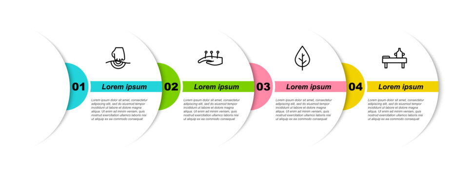 Set line Massage, Acupuncture therapy, Leaf and table with oil. Business infographic template. Vector