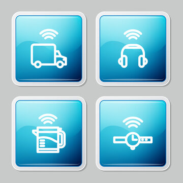 Set line Smart truck, headphones, electric kettle and Smartwatch icon. Vector