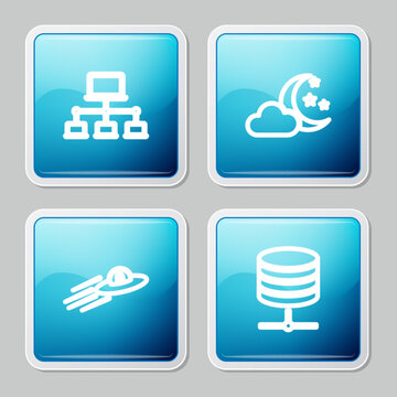 Set line Computer network, Cloud with moon and stars, UFO flying spaceship alien and Server, Data, Web Hosting icon. Vector