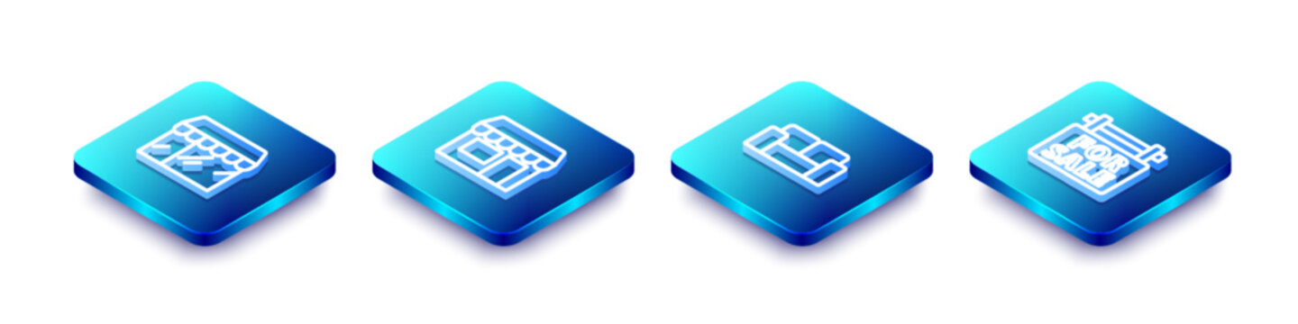 Set Isometric line Market store, , Sofa and Hanging sign with For Sale icon. Vector
