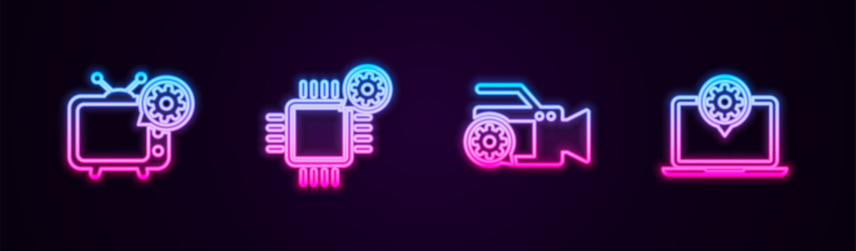 Set line Tv setting, Processor, Video camera and Laptop. Glowing neon icon. Vector