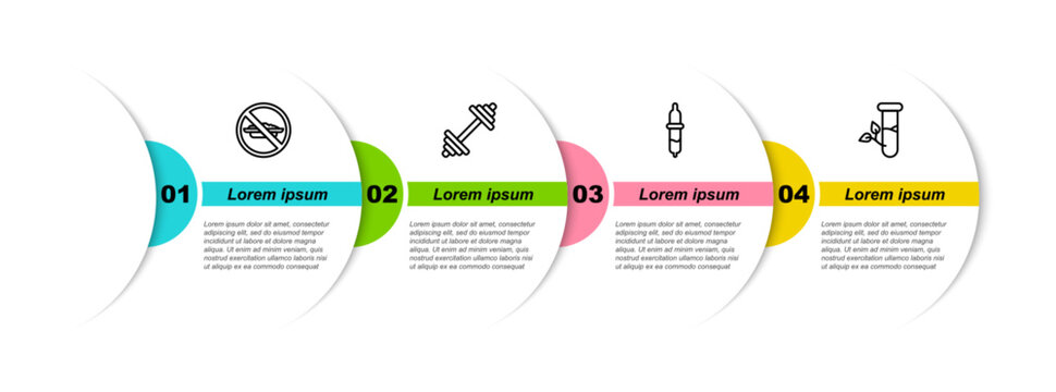 Set line Food no diet, Dumbbell, Pipette and Laboratory glass and leaves. Business infographic template. Vector