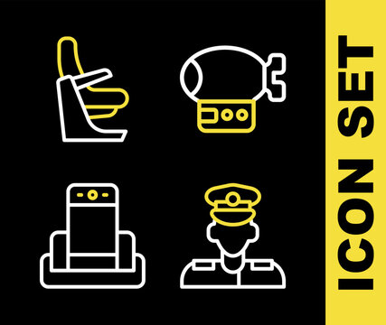 Set line Airship, Pilot, Metal detector in airport and Airplane seat icon. Vector