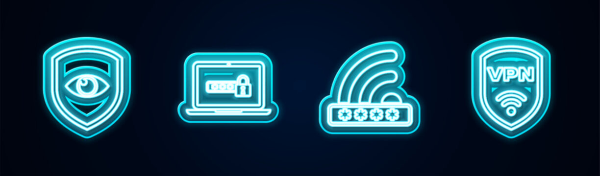Set line Shield and eye, Laptop with password, Wifi locked and VPN wireless. Glowing neon icon. Vector