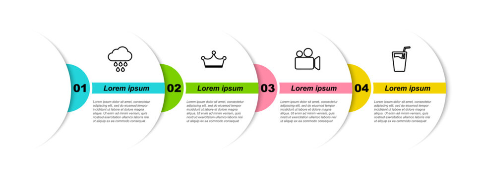 Set line Cloud with rain, Crown, Movie or Video camera and Glass water. Business infographic template. Vector