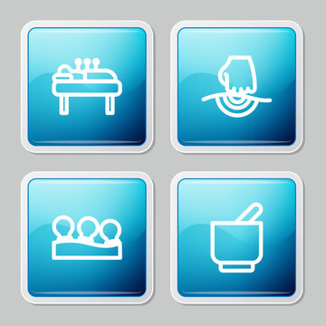 Set line Acupuncture therapy, Massage, Vacuum cans and Mortar and pestle icon. Vector