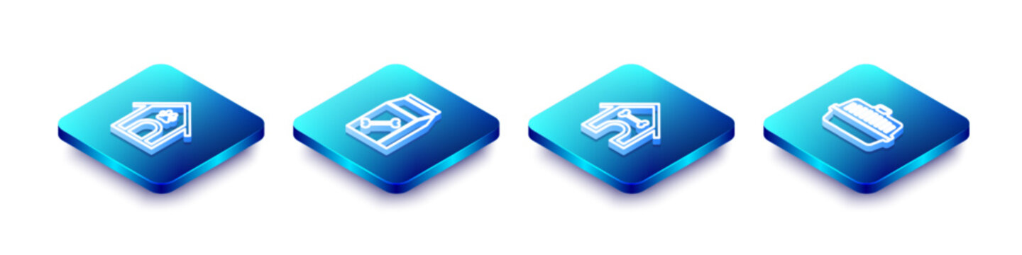 Set Isometric line Dog house and paw print pet, Bag of food for, bone and Pet carry case icon. Vector