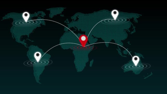 Geographic travel navigation route wires connected destination pin nodes over maps. Transit tracking logistics software applies a geographic travel navigation route map.
