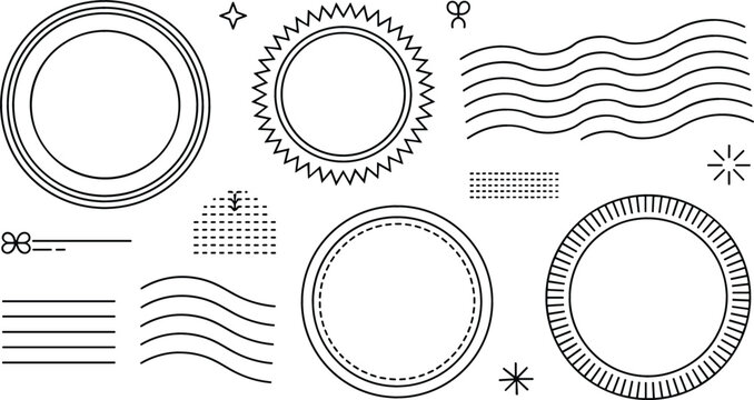Vintage postal stamp frame and postmark wavy lines line art vector illustration icon set mail concept
