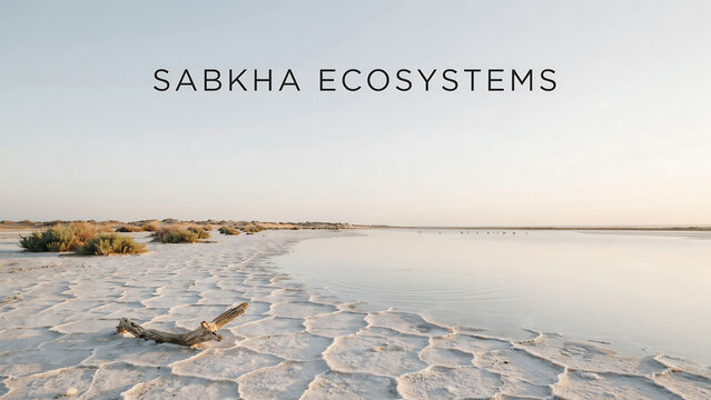 Saltwater lake with cracked saltpan and green shrub on shoreline under clear sky  natural saltwater ecosystem landscape