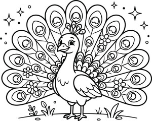 Fototapeta premium Peacock With Displayed Tail Feathers Black And White Line Art