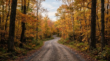 Fototapeta premium Winding dirt road through a vibrant autumn forest with colorful trees.