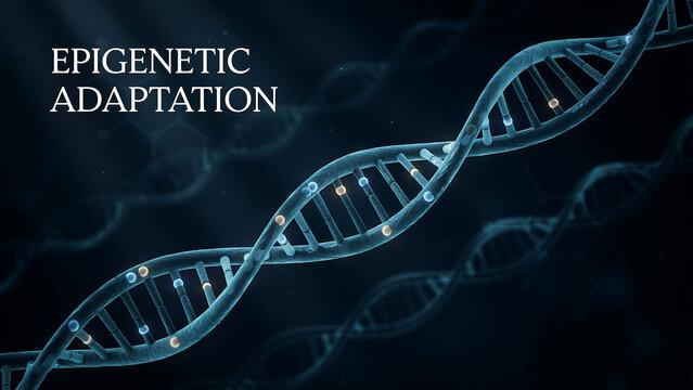 Epigenetic adaptation concept with DNA double helix structure and glowing points on dark background with faint DNA strands