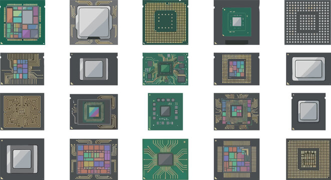 Microprocessor and Semiconductor Chip Collection with CPU Architecture Integrated Circuits and Computer Hardware Technology Illustrations
