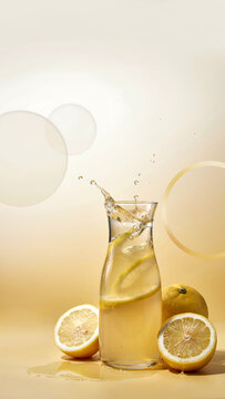 Glass pitcher with lemon slices and water splashing on a beige background with lemons and bubbles  refreshing drink