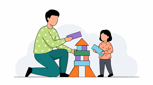 Father and child building a colorful house with toy blocks on white background