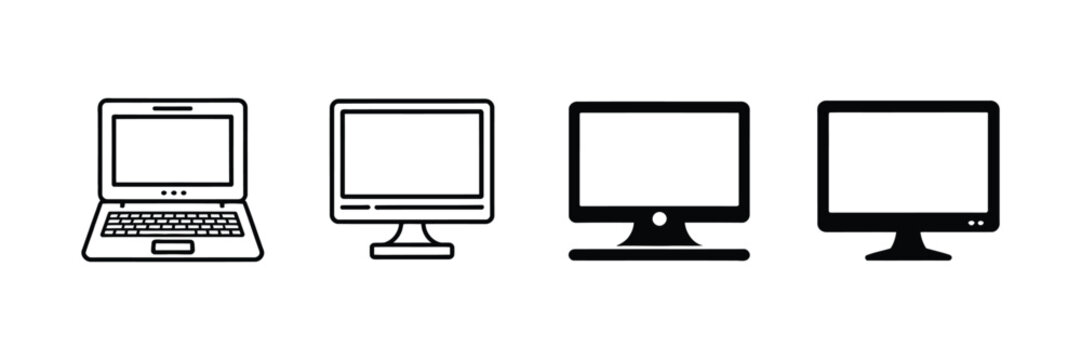 Computer device icon collection with outline and solid variations for laptops desktop computers monitors and office technology