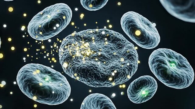 Close-Up View of Biological Cells with Intricate Structures on Dark Background for Biotechnology and Medical Technology Concepts