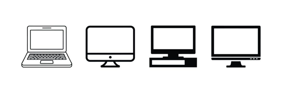 Computer device icon set representing laptops desktop monitors outline and solid styles for technology vector illustration