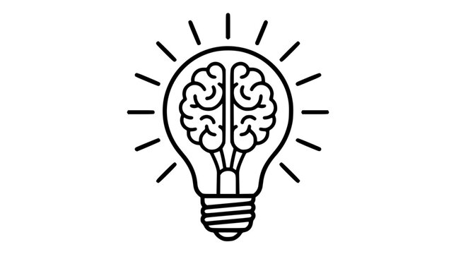 Black and white vector illustration of a brain inside lightbulb