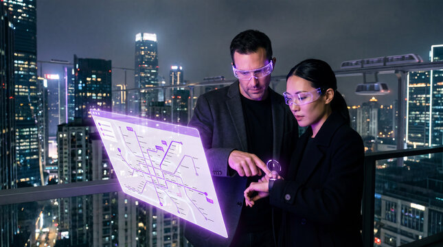 Professionals reviewing a digital transit map on a rooftop overlooking the city at night