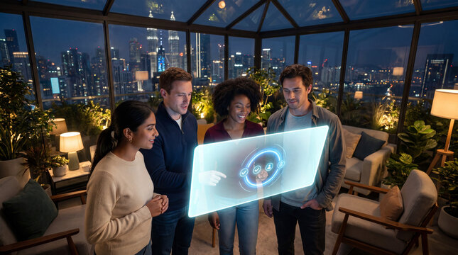 Team reviewing a digital collaboration dashboard in a rooftop lounge at night