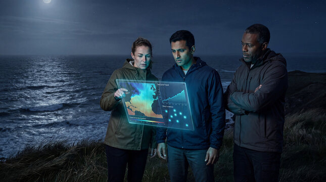 Scientists analyzing ocean climate data on a coastal cliff at night