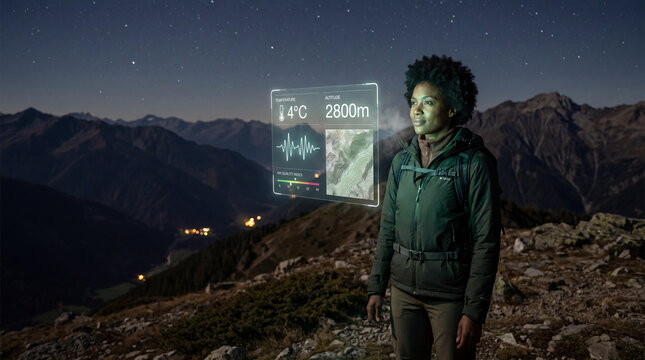 Female hiker monitoring environmental data on a mountain summit at night