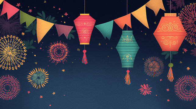 Sky Lantern Festival Background with Floating Paper Lanterns, Traditional Asian Celebration Poster Template