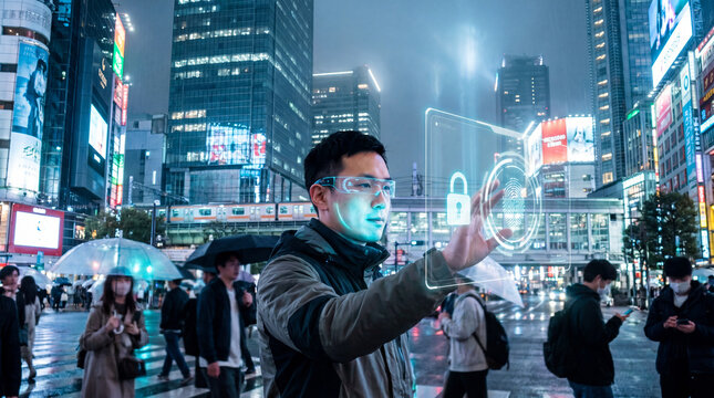 Man authenticating with a biometric security interface in a busy city at night