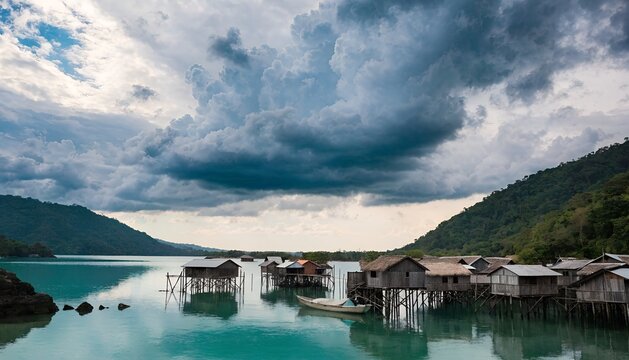 Fishing Village on Stilts Over Turquoise Water
