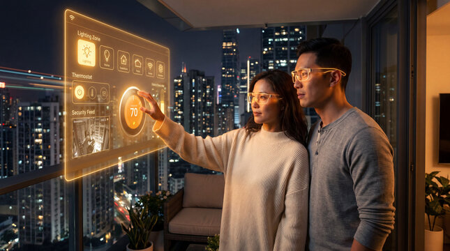 Couple managing a smart home dashboard from a high-rise apartment balcony at night