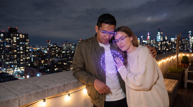 Couple wearing augmented reality glasses viewing a holographic digital sphere on a rooftop at night