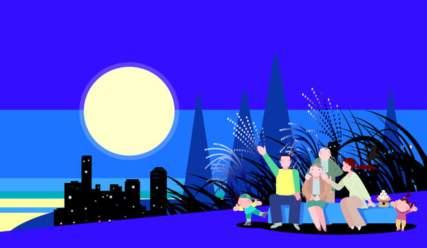 お月見を楽しむ家族と満月・ススキの夜景イラスト