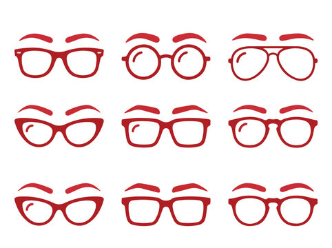 Collection of nine stylish eyeglasses with various frame shapes and designs in red color for fashion accessories