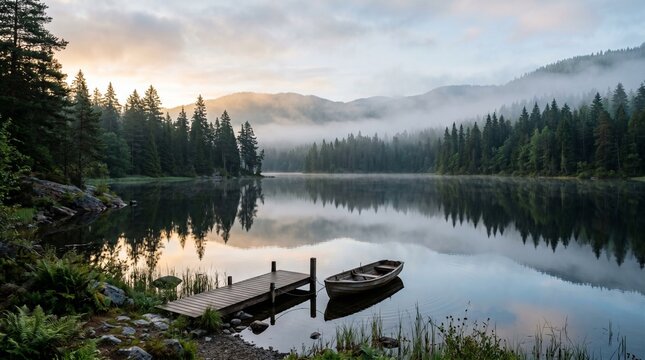 Old wooden rowboat moored to a rustic dock on a calm lake on transparent background