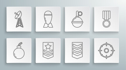 Fototapeta premium Set line Bomb ready to explode, Aviation bomb, Chevron, Military rank, Target sport for shooting competition, Hand grenade, reward medal and Radar icon. Vector