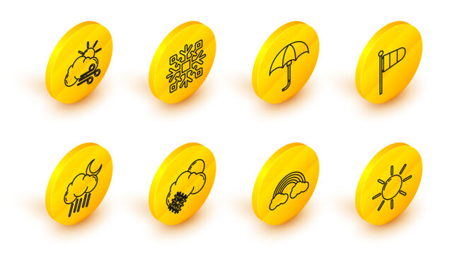 Set line Sun, Rainbow with clouds, Cloud snow and sun, rain moon, Cone meteorology windsock wind vane, Classic elegant opened umbrella, Snowflake and Windy weather icon. Vector